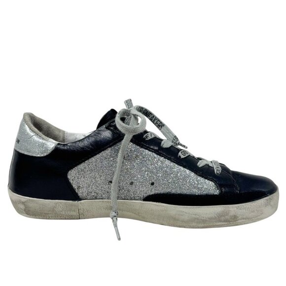 Golden Goose Superstar Sneakers Women Size 37 Silver Glitter Black Star Leather - Picture 5 of 15
